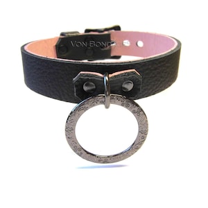 Neck Collar for slave sub | Large Engraved Gunmetal Ring Nickel Free Lockable Buckle Pink Leather Lining 1&quot;