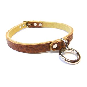Brown Leather Collar with tiny front Ring | Day Collar for submissive | Lockable Buckle option, discreet 1/2&quot;