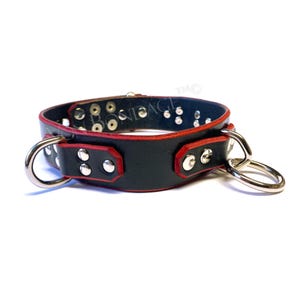 Leather S&M Collar for submissive with Red Edges | Bondage Ring and D-Rings Lockable option 1-1/4&quot;