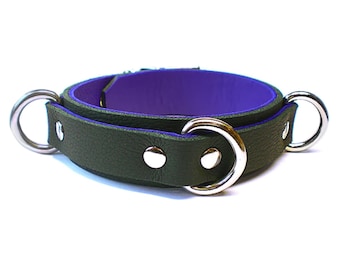 Soft Black Leather Collar lined in Purple with D Ring in front | Bondage Choker for sub