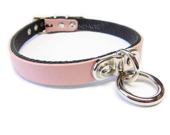 Pink Leather Collar with Plate and O-ring | submissive collar, choker for DDlg - custom size