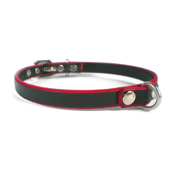 Black & Red Leather Day Choker with D Ring | Leather Neck Collar for sub fetish punk goth | Narrow discreet collar