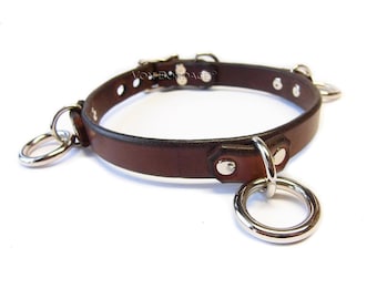 Brown Leather Collar with 3 Small O-rings Adjustable Choker custom sizing lockable option