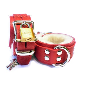 Restraints In Red Bullhide Leather and Fur Lining | Wrist or Ankle Cuffs lined in Sheepskin with Locking Buckles for bondage 1-3/4&quot;
