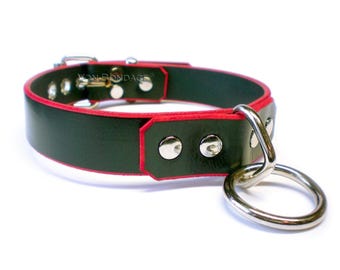 Locking sub Collar| Strong Bondage D&O Ring | Leather w/Red Edges | Lockable option 1"