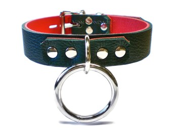 Leather Bondage submissive Collar Large Ring | Red Lining | Bondage play collar for sub 1"
