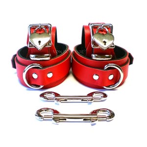 Red Leather Wrist & Ankle Restraints Cuffs Set with 2 carabiners clips | lockable buckles and heart padlocks 1-3/4"