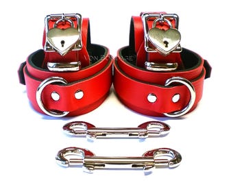 Red Leather Wrist & Ankle Restraints Cuffs Set with 2 carabiners clips | lockable buckles and heart padlocks 1-3/4"