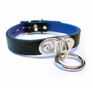 Kink Collar for submissive with Plated Ring lined in Blue Leather | Lockable Locking Buckle clasp 3/4&quot;