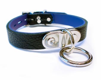 Soft Leather Choker with Blue lining, Plated O-ring – Clubwear, Rave, Pole Dance Accessory