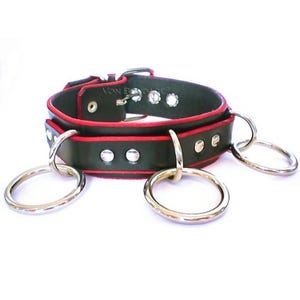 Collar for submissive | 3 front Bondage Rings | Leather w/Red Edge | Locking option 1-1/4&quot;