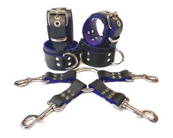 Leather Wrist & Ankle Restraints Set + Hogtie Accessory - 5pc Bondage Cuff Set
