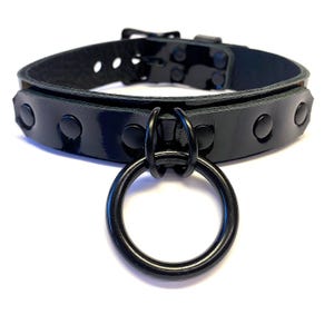 BDSM Collar, Bondage Collar, Leather BDSM, Leather Bondage, 1-1/4" Ring Collar, sub Collar, slave Collar, Lockable Nickel Free Collar, 1" Black Patent (shiny)