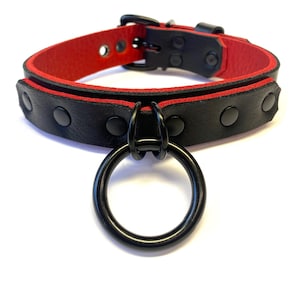 BDSM Collar, Bondage Collar, Leather BDSM, Leather Bondage, 1-1/4" Ring Collar, sub Collar, slave Collar, Lockable Nickel Free Collar, 1" Black w/Red Inlay