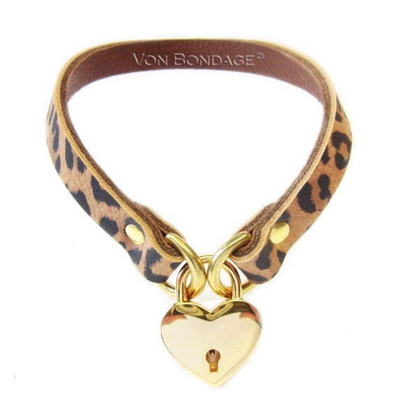 Leopard Day Collar, Leopard Print, Leopard Choker, Heart Collar, Lock Collar, DDlg Collar, sub collar, Gold heart padlock collar, 1/2"