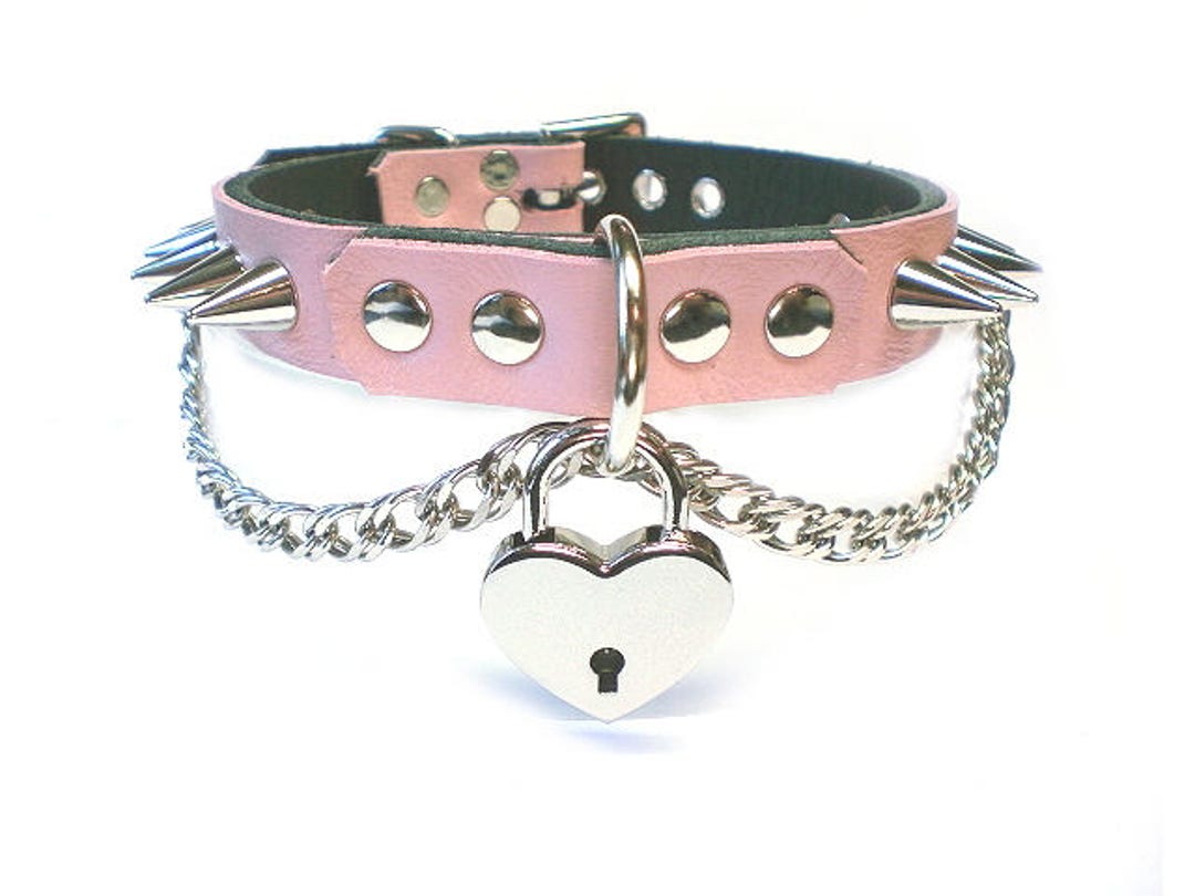 Pink BDSM Collar, spike bondage collar, DDlg Collar, locking leather