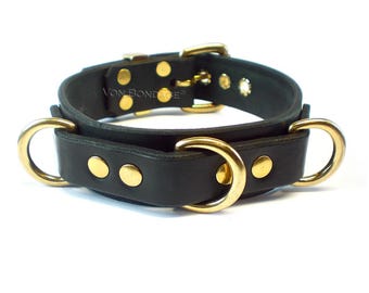 Leather Bondage Collar in Black Latigo with 3 Brass D-Rings