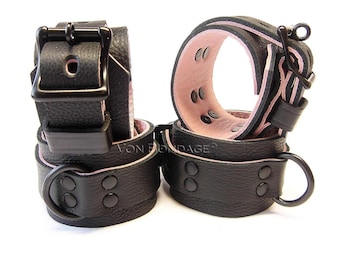 Black Leather & Pink Wrist + Ankle Cuffs - 4pc Restraints Set Black D Rings, custom sized