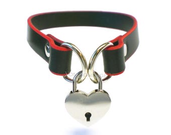 24/7 Permanent Locking Collar for slave sub | Heart Padlock | Leather w/Red Edges 3/4"