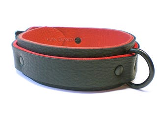 Collar for slave in Bison Leather & Red Bullhide Black Dee D-ring | Lockable Bondage Neck Restraint nickel free! 1-1/2"