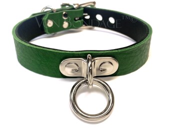 Green Leather Collar with Plated D&O | O Ring Choker for punk gothic | Custom size