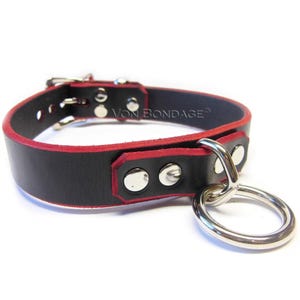 Locking S&M Collar for slave| Strong Bondage Ring | Leather w/Red Edges | Lockable option 1&quot;
