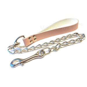 Pink & White Leather Heavy Chain Leash | 20&quot; 24&quot; 30&quot; inch Chain | Leather Handle 7/8&quot; wide