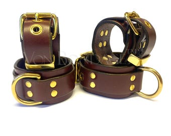 Kink Bondage Gear Set | Wrist & Ankle Restraints in Brown Leather: Custom Sized
