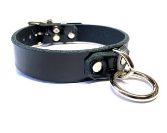 May include: A black leather choker with a silver ring attached. The choker has a buckle closure and three silver studs.