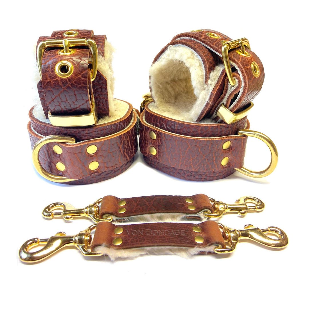 Fur-lined Bison Leather Restraints Set & BDSM Straps | Cream Sheepskin ...