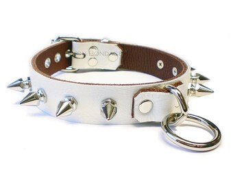 White Leather Spiked Collar with Bondage Ring | Lockable sub Choker + Spikes 4 fetish punk
