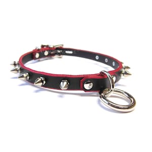 Day Collar for sub | Tiny Ring and Spikes | Leather w/Red Edges | Lockable option 1/2&quot;