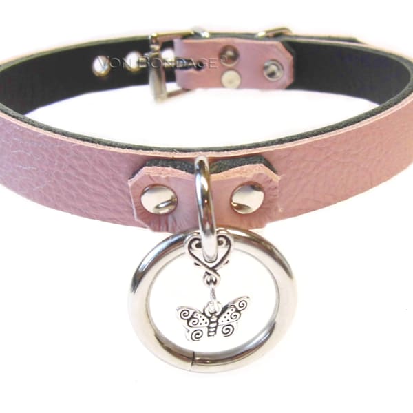 Pink Leather BDSM Collar, Bondage Collar, Butterfly Charm, lockable slave/sub collar, DDlg collar, 24/7 day collar, leather collar, 5/8