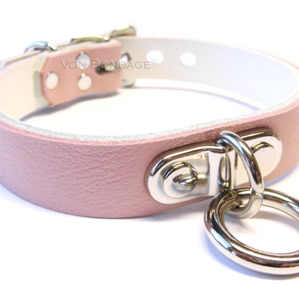 Light Pink Lockable Leather Collar with Small Plated Ring, Pink BDSM Collar for slave, Pink Bondage Collar