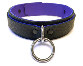 Black & Purple Leather Collar for submissive slave | Stainless Steel Bondage Ring | Lockable option