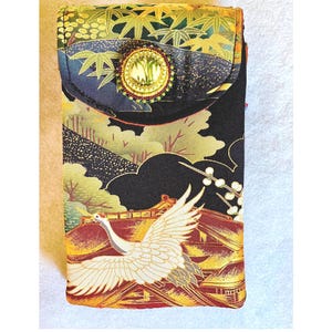 Cell Phone Bag, Double-pouch Crossbody Bag, Black Silk Evening Bag, Japanese Art, Black Tie, Special Event, Gift, Temple & Crane
