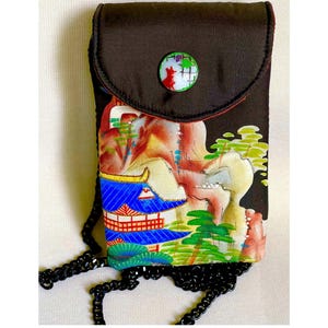 Borsa per cellulare, borsa a tracolla, borsa da sera in seta nera, evento speciale, regalo, arte giapponese, seta kimono, tempio sulla collina
