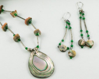 1970's Abalone and Deer Hide Necklace and Earring Set Abalone Necklace Abalone Dangle Drop Earrings Green Bead Glass  Gift For Her