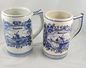 Delft Beer Steins A Pair of Vintage Delft  Blue Hand-Painted Porcelain Heineken Beer Steins 16 Fl 0z Father's Day Gift
