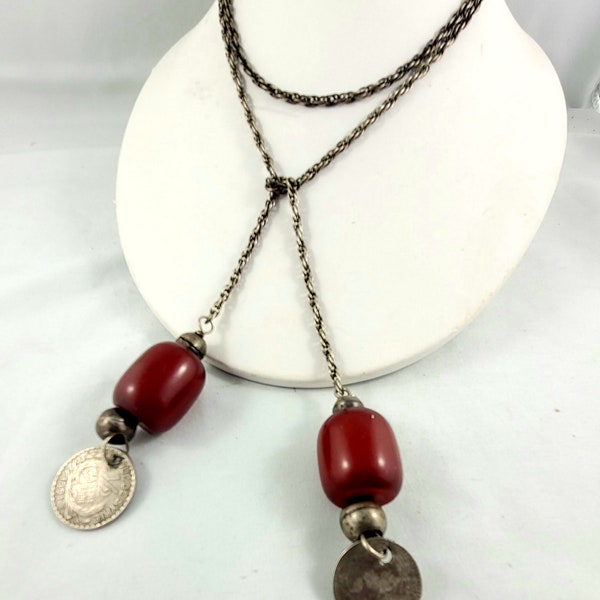 Deco Bakelite Necklace Vintage Silver Tone and Bakelite Bead and Syrian  1/2 Piastre 1921 Coin Necklace