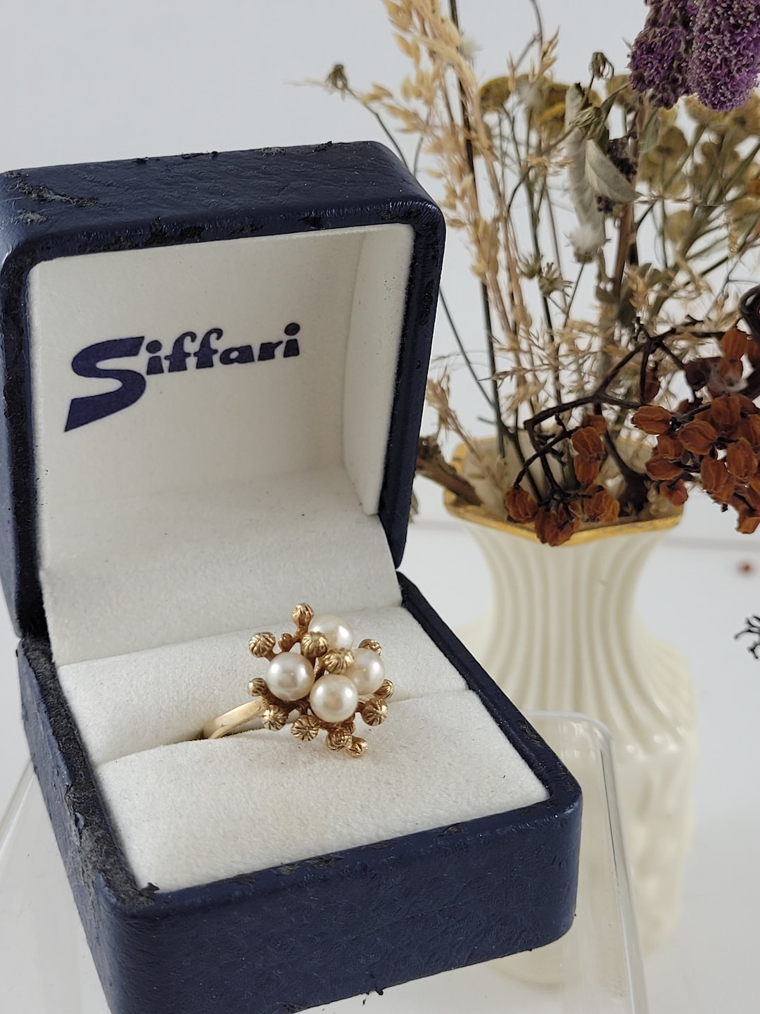 Siffarii Pearl Ring Vintage 70s 10kt Yellow Gold and 4