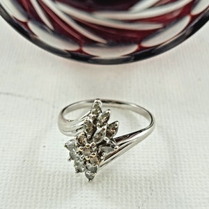 Anello Cluster in oro 14 carati, anello Cluster in oro 14 carati con diamanti taglio marquise e taglio brillante rotondo, misura 7,5, anello per anniversario, regalo di Natale per lei