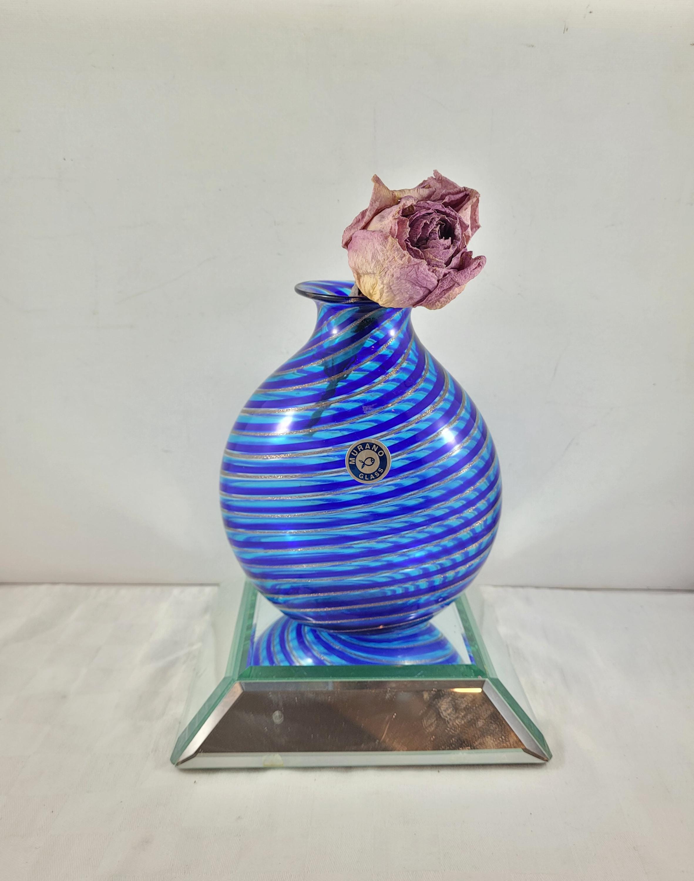 Vintage Murano Striped Cobalt Blue, Clear. and Copper Glitter Vase