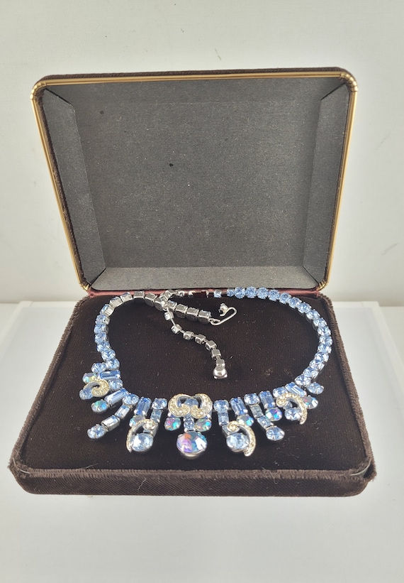 Mid Century Bling Choker Signed Weiss Multi Blue Rhinestone and Blue Aurora Borealis Choker 14 Inches Long