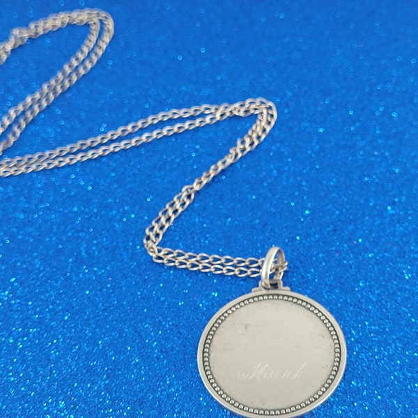 Sterling Medallion Necklace Vintage Sterling Silver Italian Round Medallion Engraved "Love Mark" on 26 in Sterling Chain