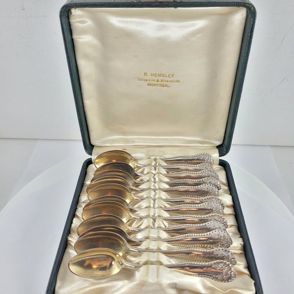 A Boxed Set of 12 Mid Century Sterling Silver Demitasse Espresso Spoons by R Hemsley of Montreal