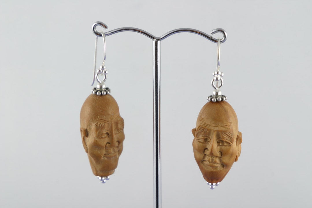 Carved Olive Earrings 1970's Vintage Chinese Sterling Hand
