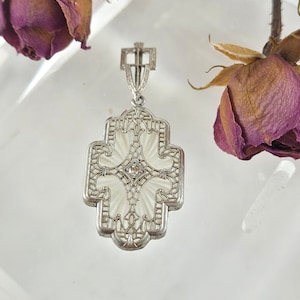 Zilveren kamferhanger Art Deco zilveren filigraan hanger van kamferglas met kleine diamant Kerstcadeau voor haar