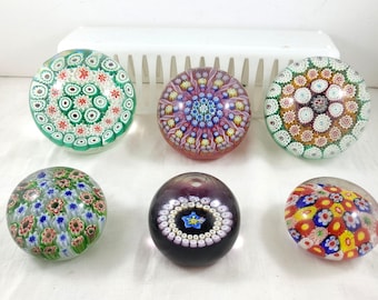 A Collection of 6 Vintage Millefiori Paperweights Sold Separately