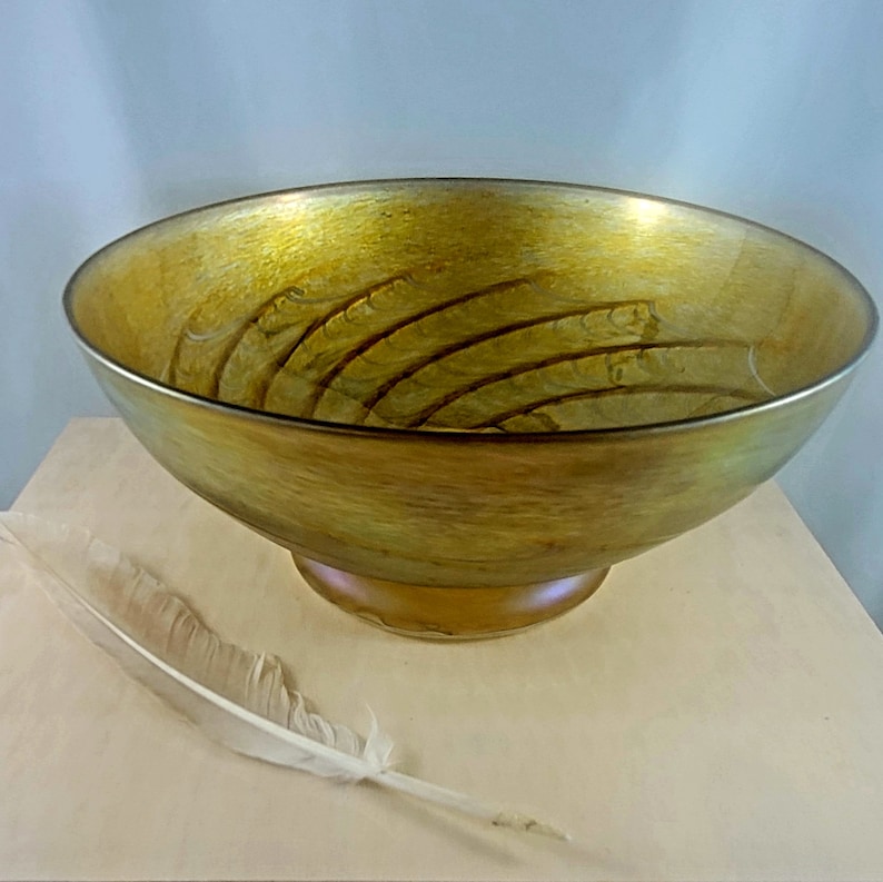 Art Glass Bowl Vintage Art Glass Bowl Iridescent Gold Feathers Etsy